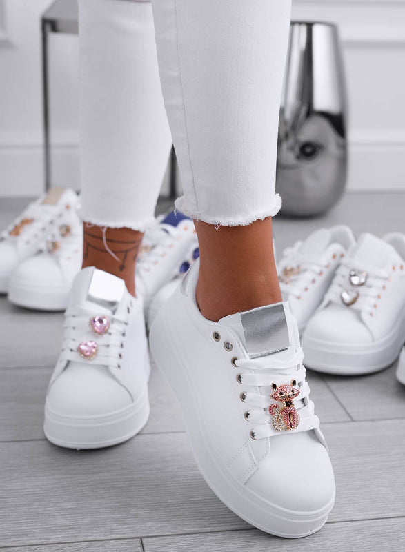 ENERGY - Baskets blanches avec chat bijou et talon argenté