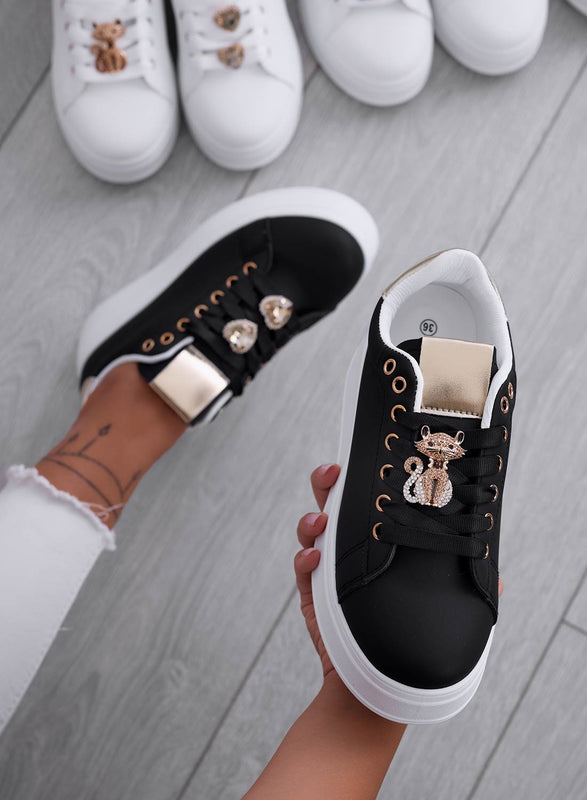 ENERGY - Black sneakers with jewel cat and gold back