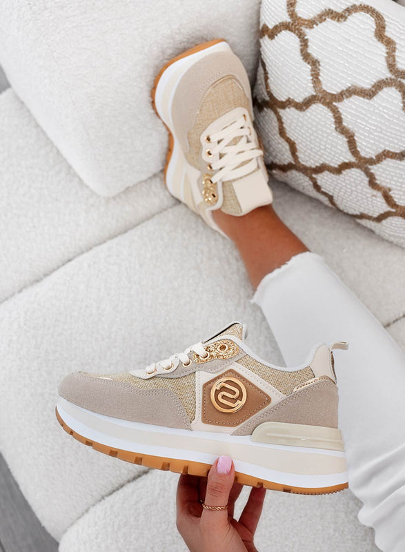 ERSILIA - Beige fabric sneakers with gold inserts