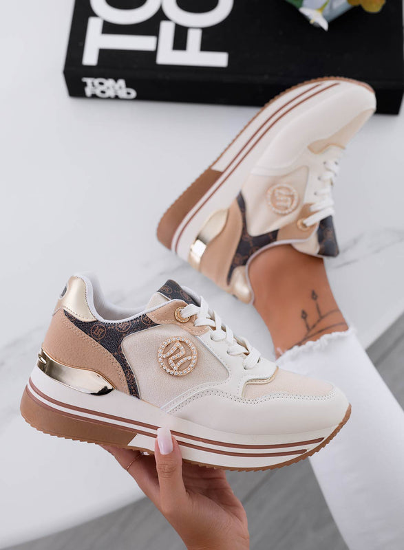 ESTER - Beige sneakers with contrasting panels and jewel application