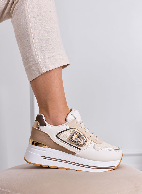 ESTER - Sneakers beige Platform con Dettagli marroni e Logo Gioiello