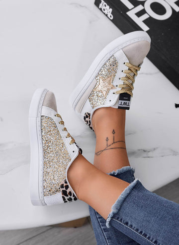 Sneakers beige con stella e inserti glitter oro