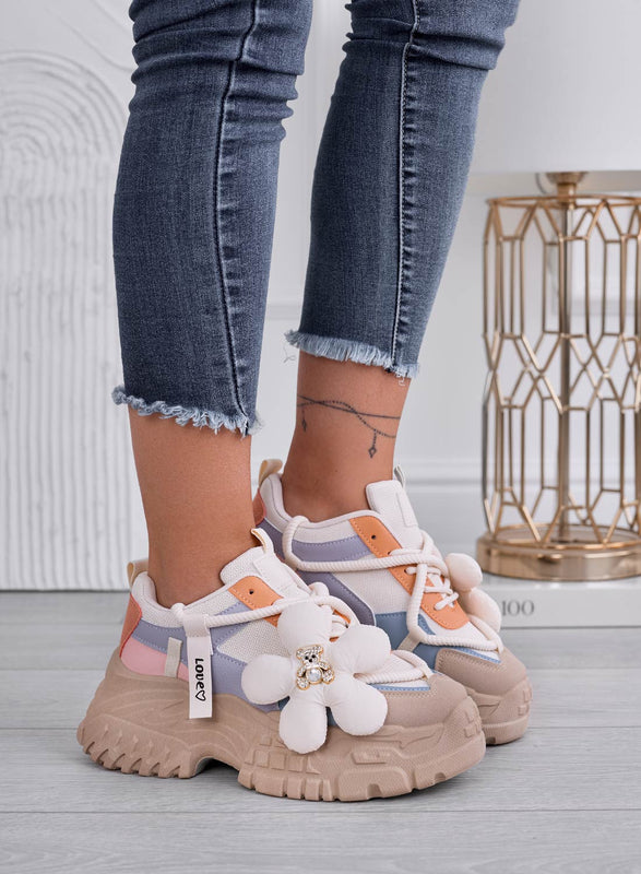 Beige multicolor sneakers with flower and teddy jewel