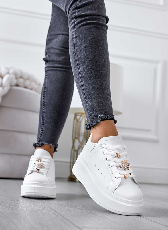 EVELIN - White sneakers with gold applications and wedge