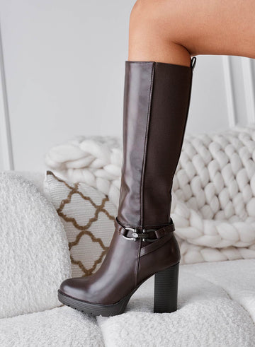 FALLS - Bottes marron à talon 10 cm avec élastique au mollet