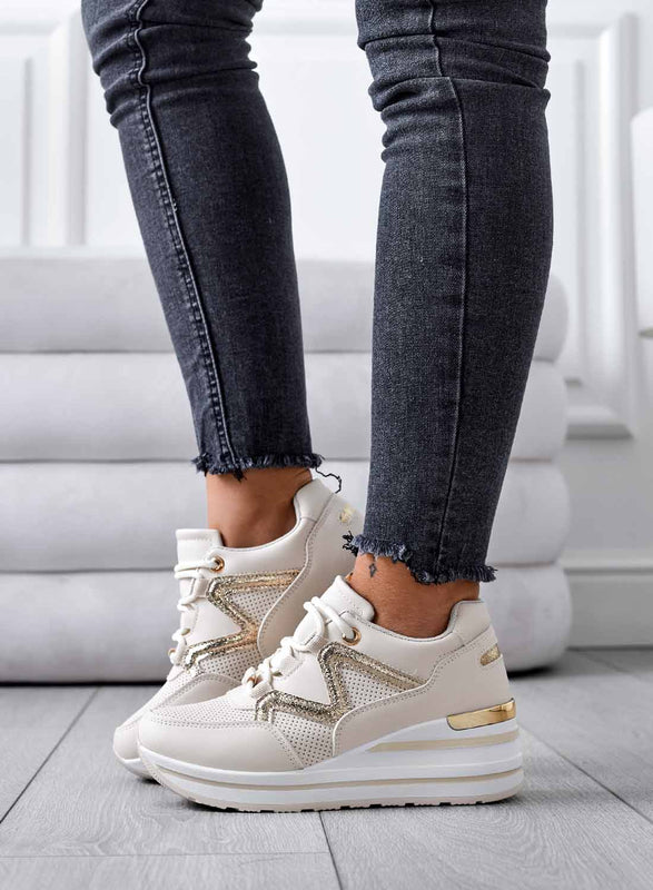 Beige wedge sneakers with gold inserts