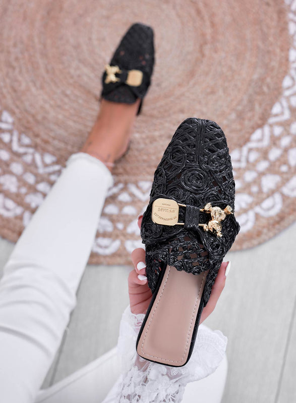 FIESTA - Black espadrilles clogs embroidered with gold teddy