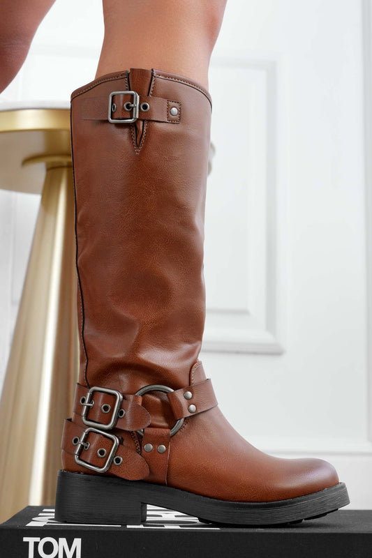 Brown biker boots with buckles