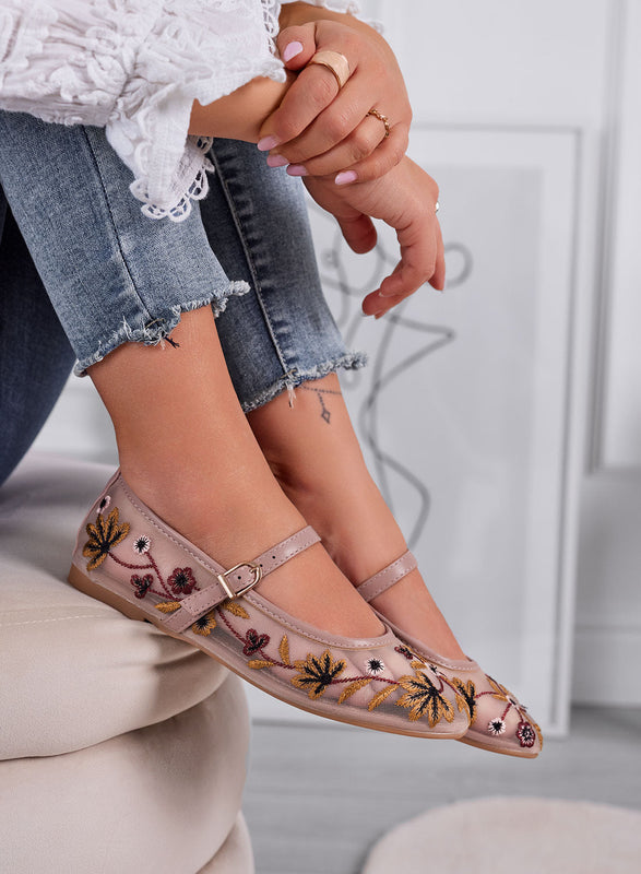 FLORA - Pink ballet flats in embroidered mesh with a strap and floral details