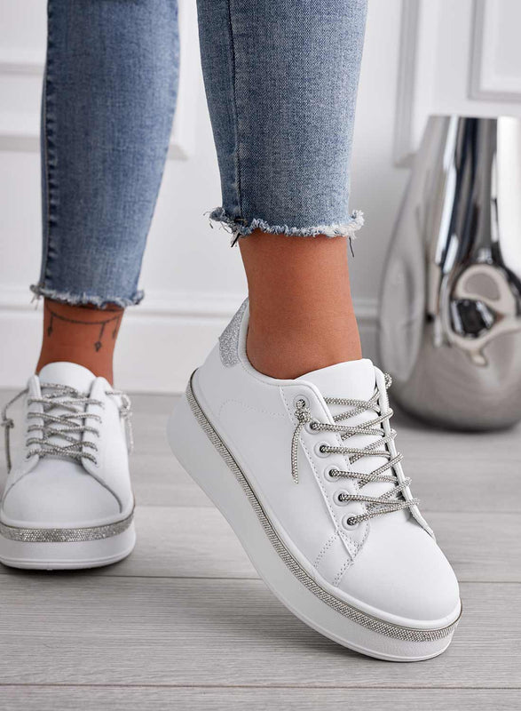 FRANKIE - White sneakers with silver jewel laces