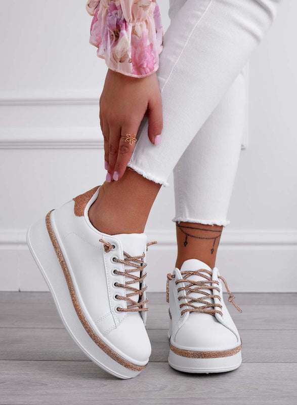 FRANKIE - White sneakers with rose gold jewel laces