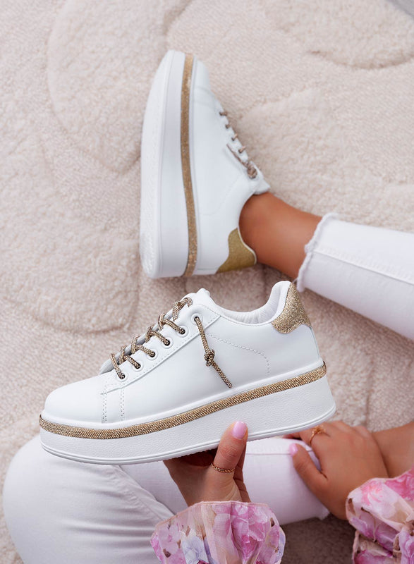 FRANKIE - White sneakers with gold jewel laces