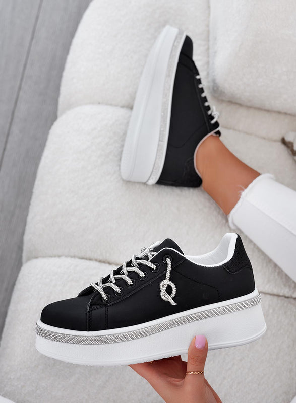 FRANKIE - Black sneakers with silver jewel laces