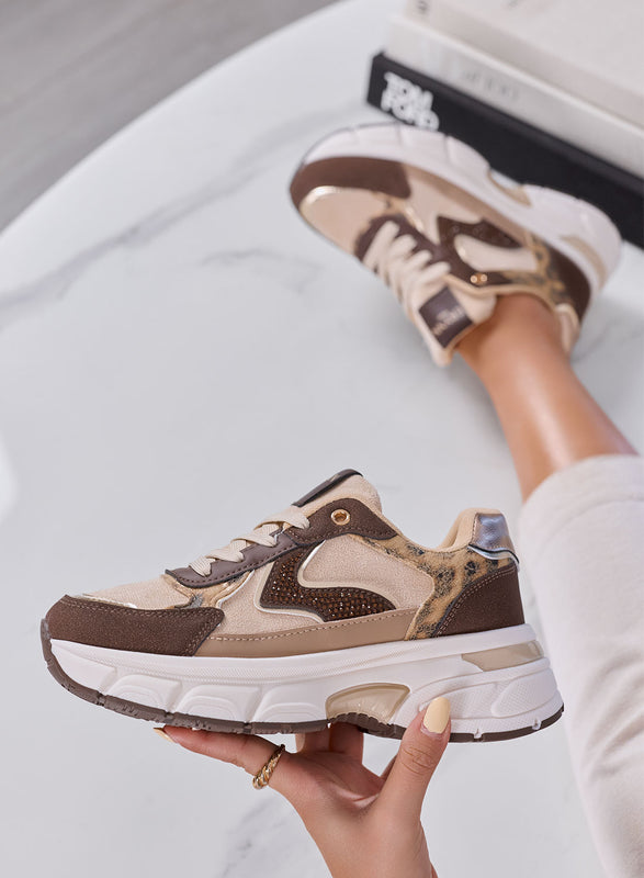 FRIDA - Sneakers Chunky Donna Beige e Marroni con Dettagli Animalier