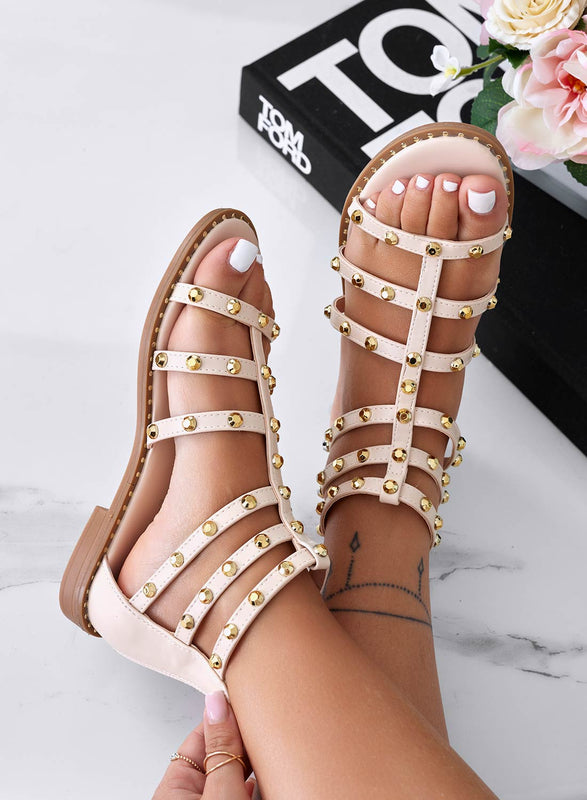 GAIA - Beige flat sandals wrapped with gold studs