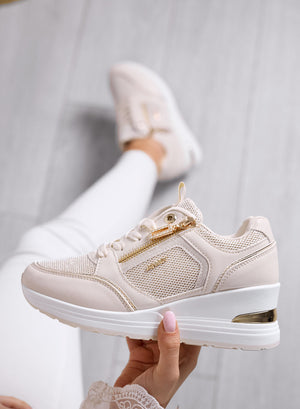 GEMMA - Beige Sneakers with Side Zip and Mesh Inserts