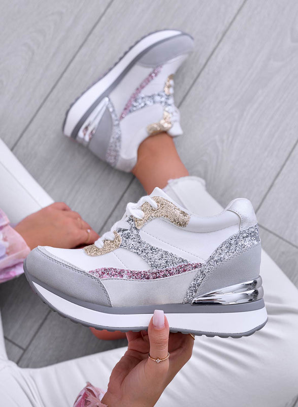 GENNY - Gray sneakers with gold and fuchsia glitter inserts