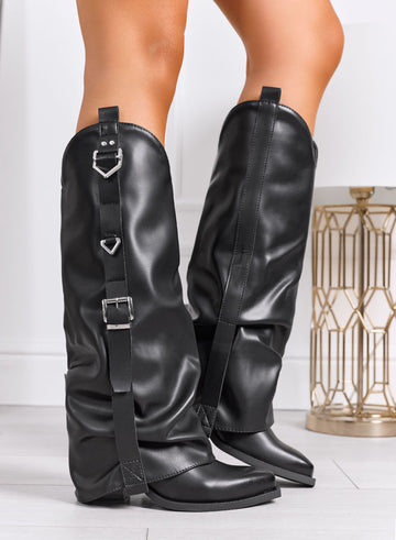GIADA - Bottes noires style camperos avec boucles décoratives et revers