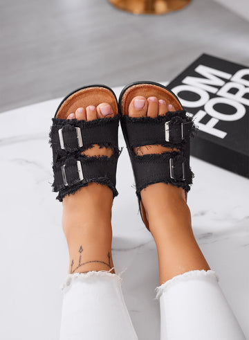 GILDA - Black fabric sandals with frayed edges, buckles, and cork footbed