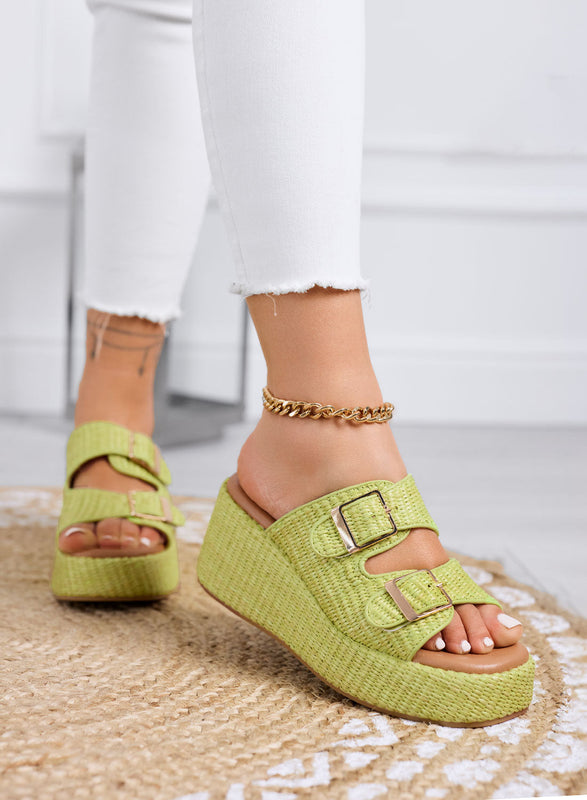 GINA - Green sandals Platform slides with double buckle