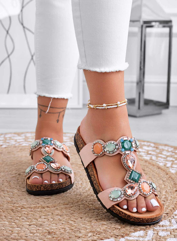 GIOIA - Pink flat slipper sandals with multicolor stones