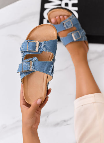 JUPITER - Platform sandals slippers in light blue denim with double buckle