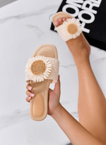 GISELLA - Beige Slide Sandals with Maxi Decorative Flower