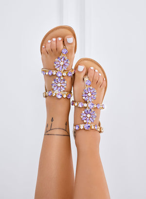 GIULY - Low gold sandals with purple jewel stones