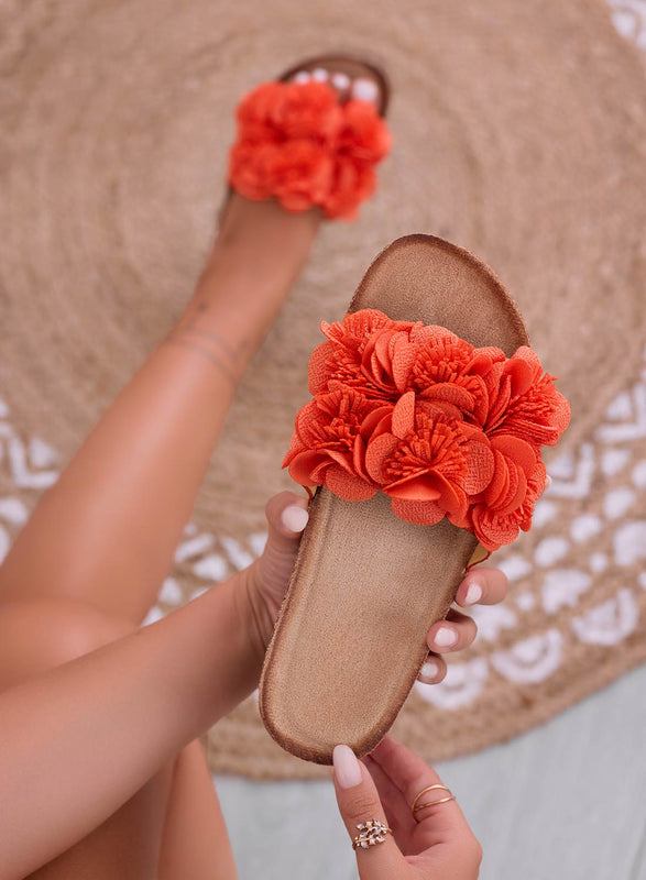 GLASS - Orange Cork Wedge Sandals with Flowers