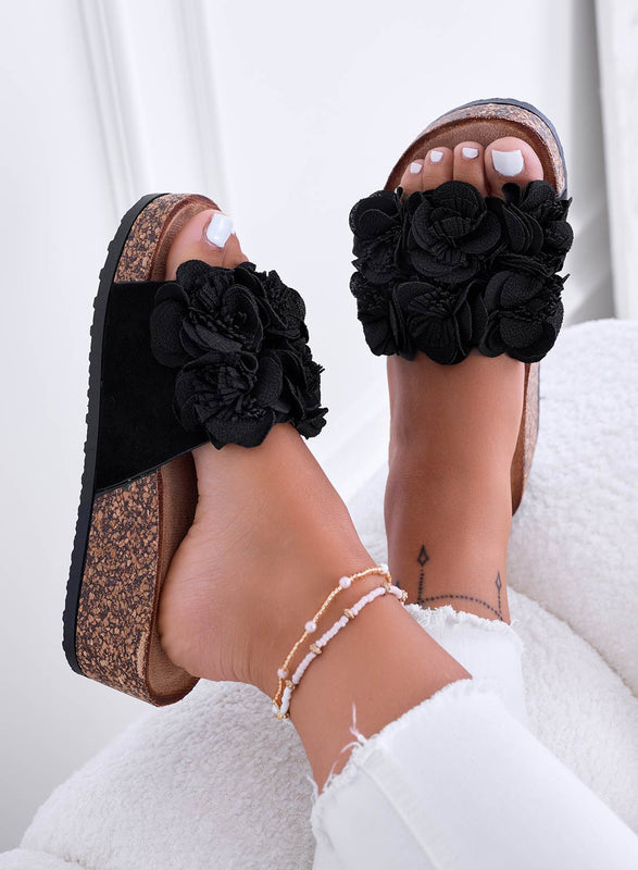 GLASS - Black Cork Wedge Sandals with Flowers