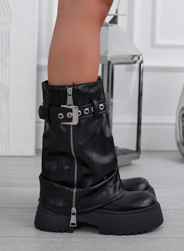 GLOBAL - Black biker ankle boots with buckle and side zip