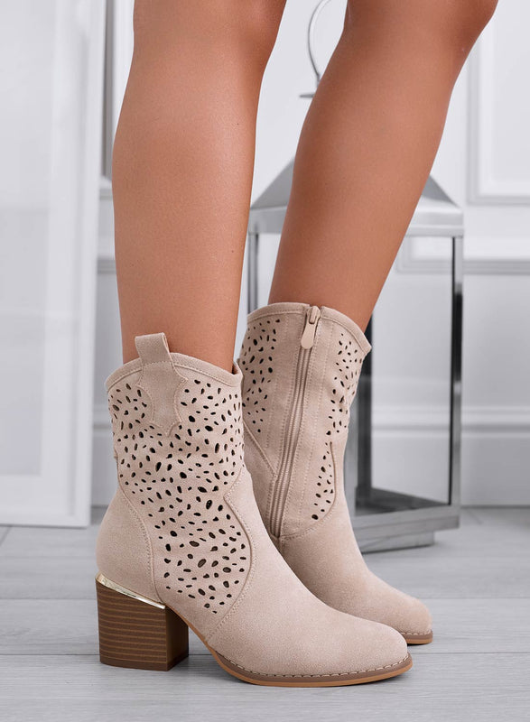 GRACE - Beige suede perforated ankle boots