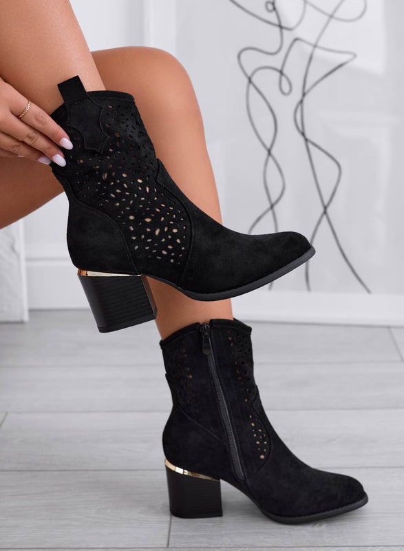 GRACE - Black suede perforated ankle boots