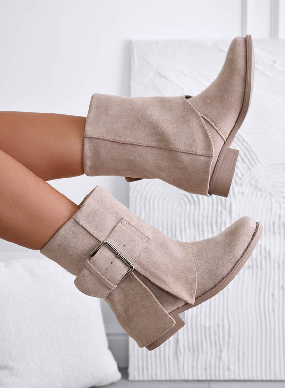 GRAZIELLA - Beige suede ankle boots with buckle