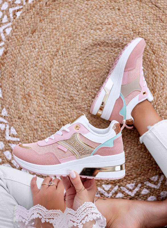 GRETA - Pink sneakers with wedge and gold inserts