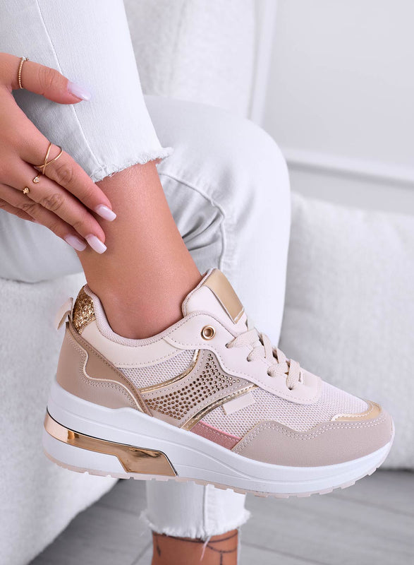 GRETA - Beige sneakers with wedge and gold inserts