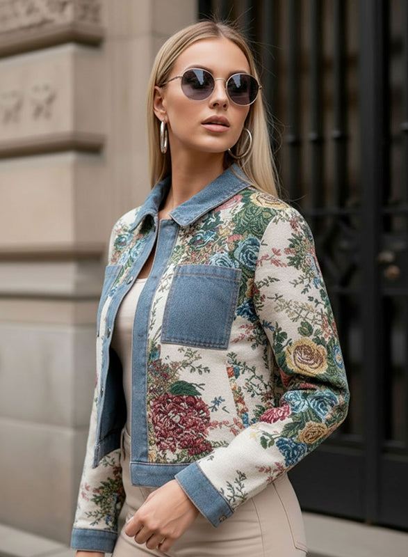 Veste en denim avec tissu jacquard à motif floral