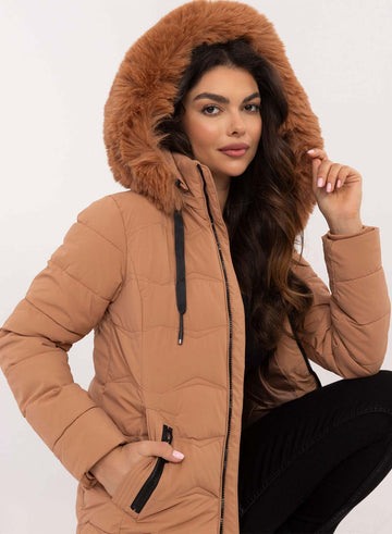 Short padded camel jacket with faux fur hood
