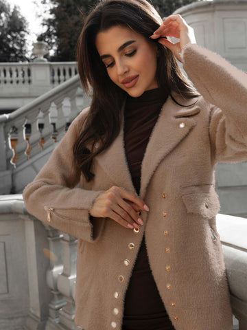Short mud-colored wool jacket with gold buttons