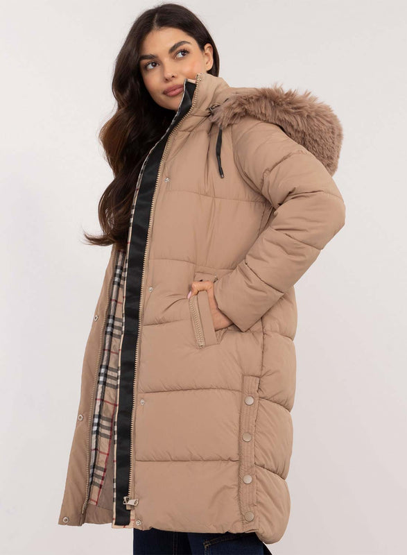 Long mud-colored padded jacket with faux fur hood
