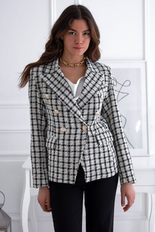 Black and white jacket with golden buttons