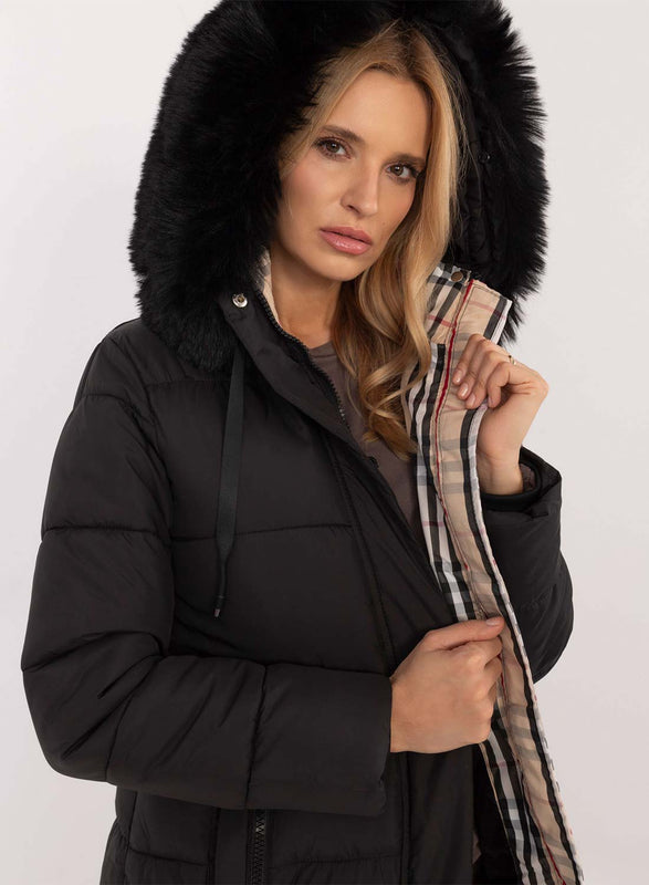 Long black padded jacket with faux fur hood