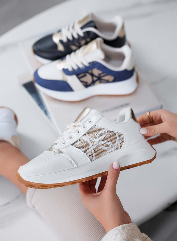 HARRIS - Women's white sneakers with an elegant pattern and gold details