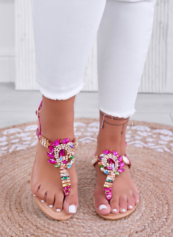 HELLEN - Fuchsia jewel flip-flop sandals with multicolor stones