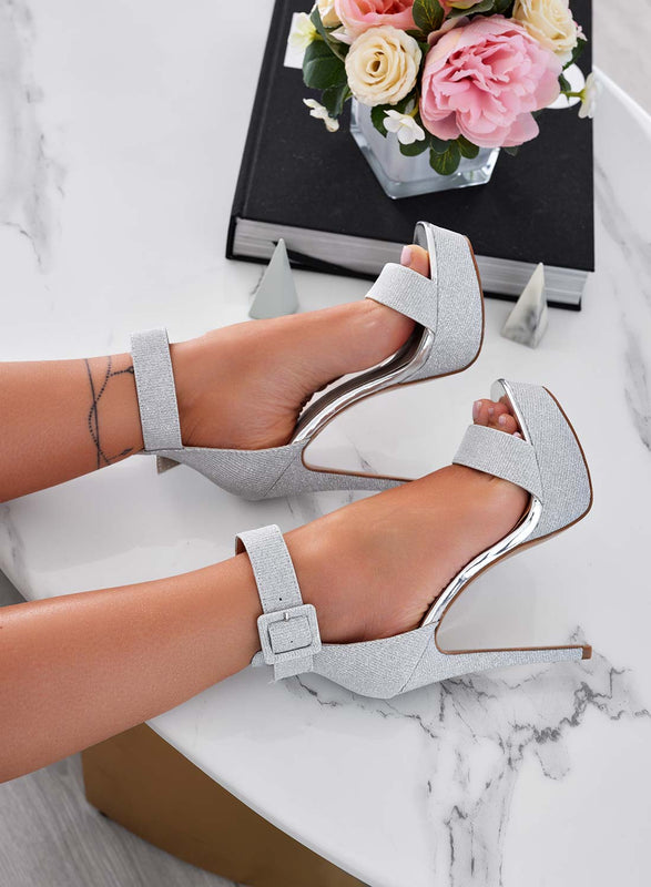 HILARY - Silver laminated sandals with high heels