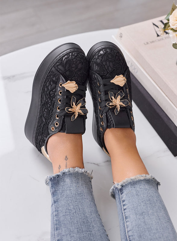 HOPE - Sneakers Donna nere in Pizzo con Applicazioni Floreali Oro