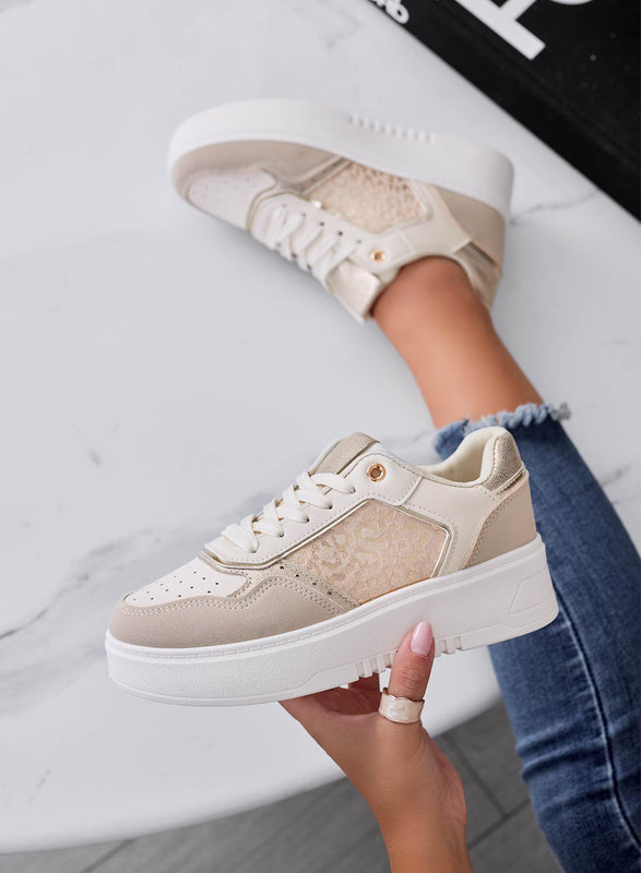 ILARIA - Baskets beiges avec empiècements à motif léopard