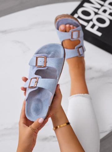 INES - Blue suede sandals and slippers with buckles and comfortable cork sole