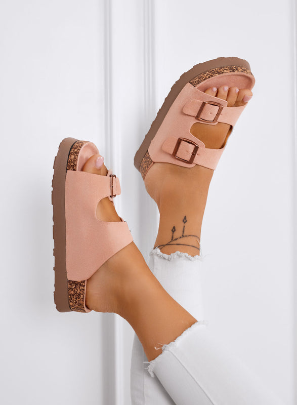 INES - Sandali Ciabatte rosa in camoscio con fibbie e suola comfort in sughero