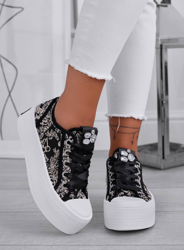 INGRID - Black sneakers with rhinestones and high sole